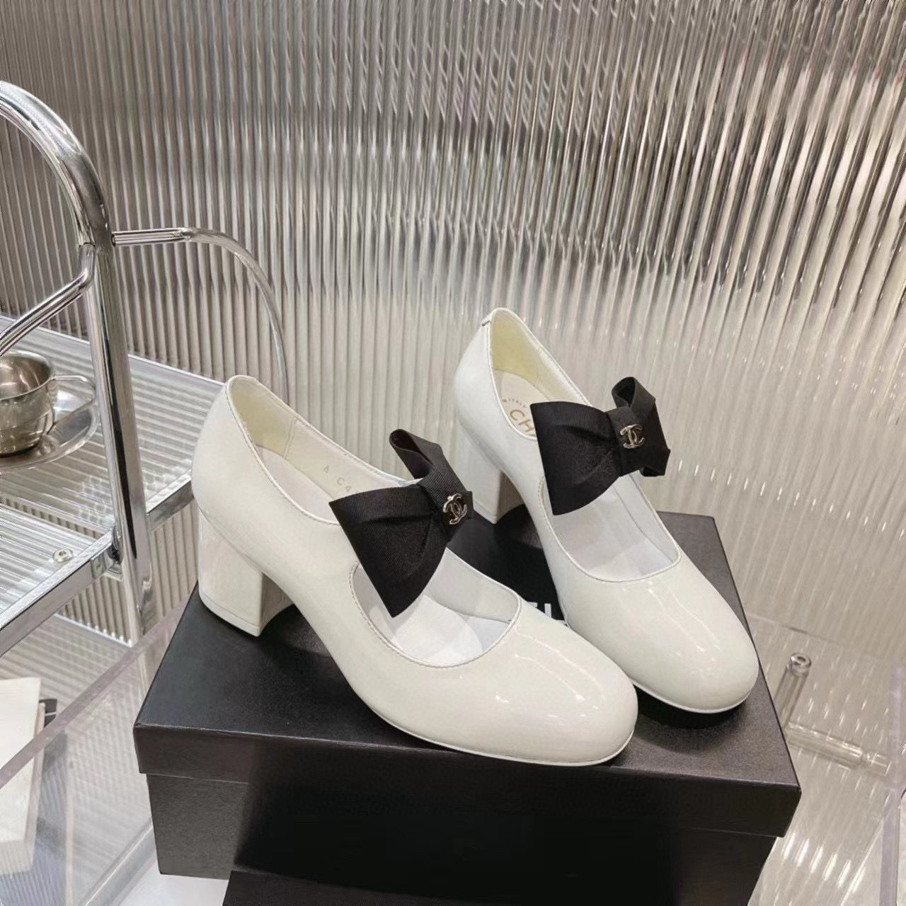 Chanel 24C Bow Mary Jane Shoes Original Patent Calf Leather 55MM Heels C85923 White