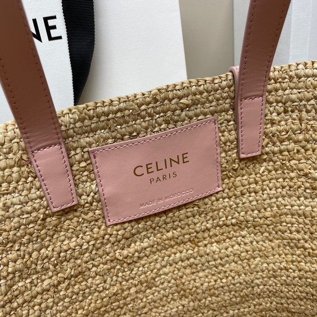 CELINE TEEN SUPPLE CELINE CLASSIC PANIER IN RAFFIA AND CALFSKIN 115802 PASTEL PINK