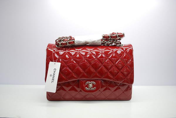 Chanel Jumbo Double Flaps Bag A36097 Red Original Patent Leather Silver