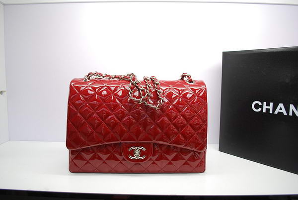 Chanel Maxi Double Flaps Bag A36098 Red Original Patent Leather Silver