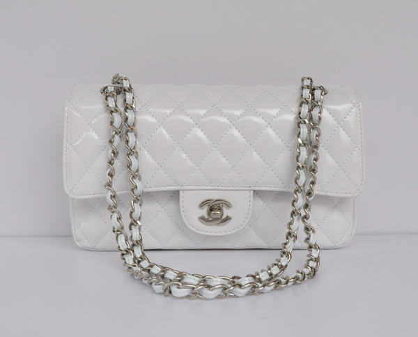 Cheap Chanel 2.55 Series Flap Bag 1112 White Patent Leather Silver Hardware