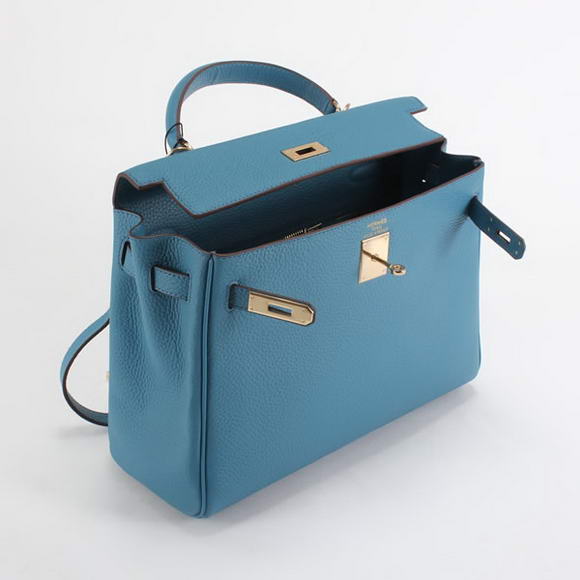 Hermes Kelly 32cm Togo Leather Handbags 6018 Blue Golden