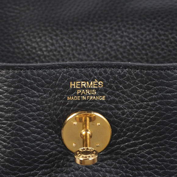 Hermes Lindy 30CM Havanne Handbags 1057 Black Leather Golden Hardware