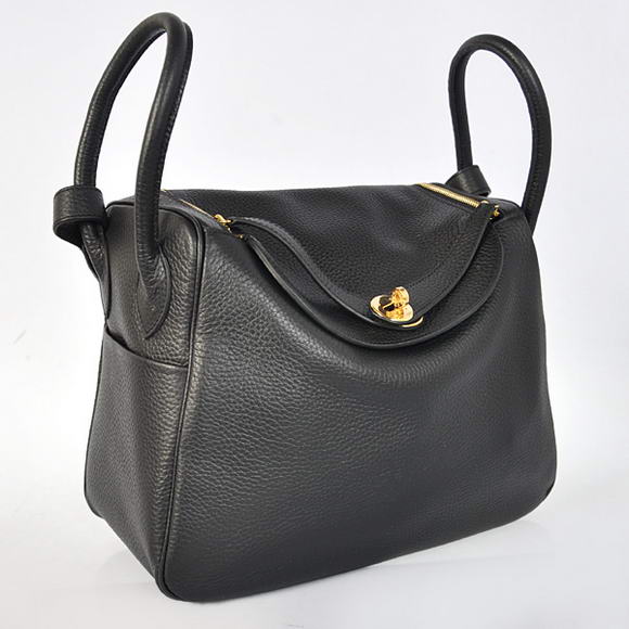 Hermes Lindy 30CM Havanne Handbags 1057 Black Leather Golden Hardware