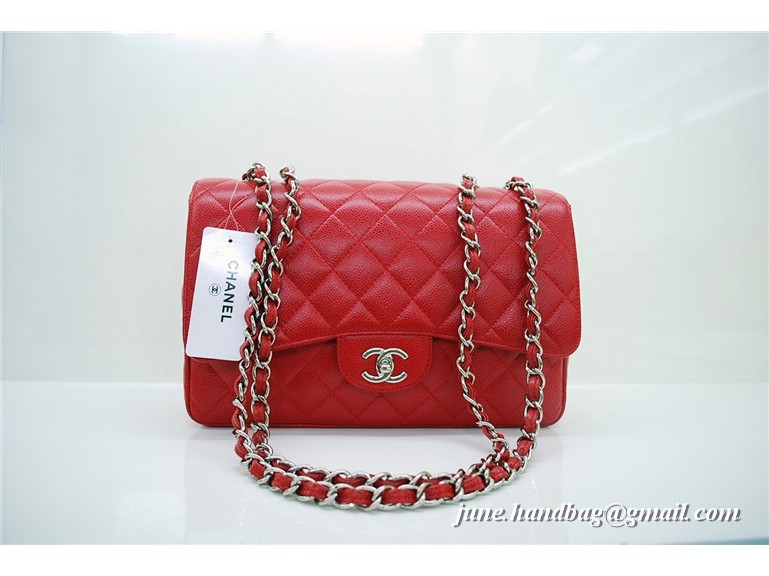 Chanel Jumbo Caviar Flap Bag 36076 Red Silver Chain