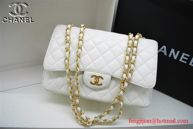 Chanel Jumbo Caviar Flap Bag 36076 White Gold Chain