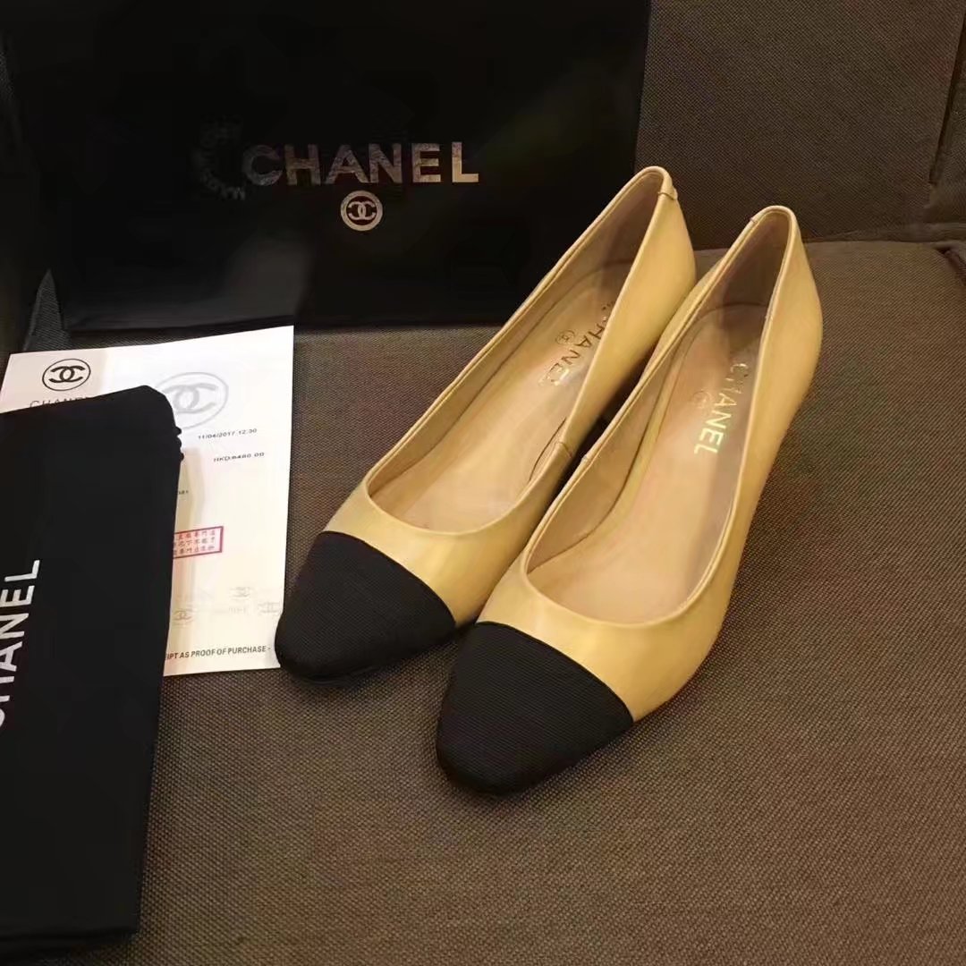 Chanel Pump Leather CH2146 Apricot&Black Chanel Pump Leather CH2146 Apricot&Black