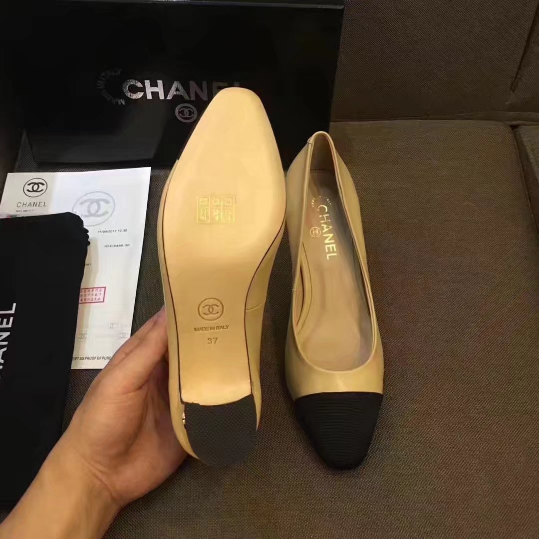 Chanel Pump Leather CH2146 Apricot&Black Chanel Pump Leather CH2146 Apricot&Black