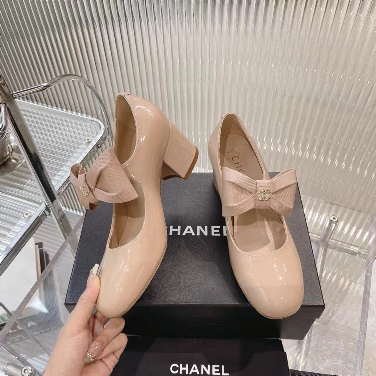 Chanel 24C Bow Mary Jane Shoes Original Patent Calf Leather 55MM Heels C85923 Nude Chanel 24C Bow Mary Jane Shoes Original Patent Calf Leather 55MM Heels C85923 Nude