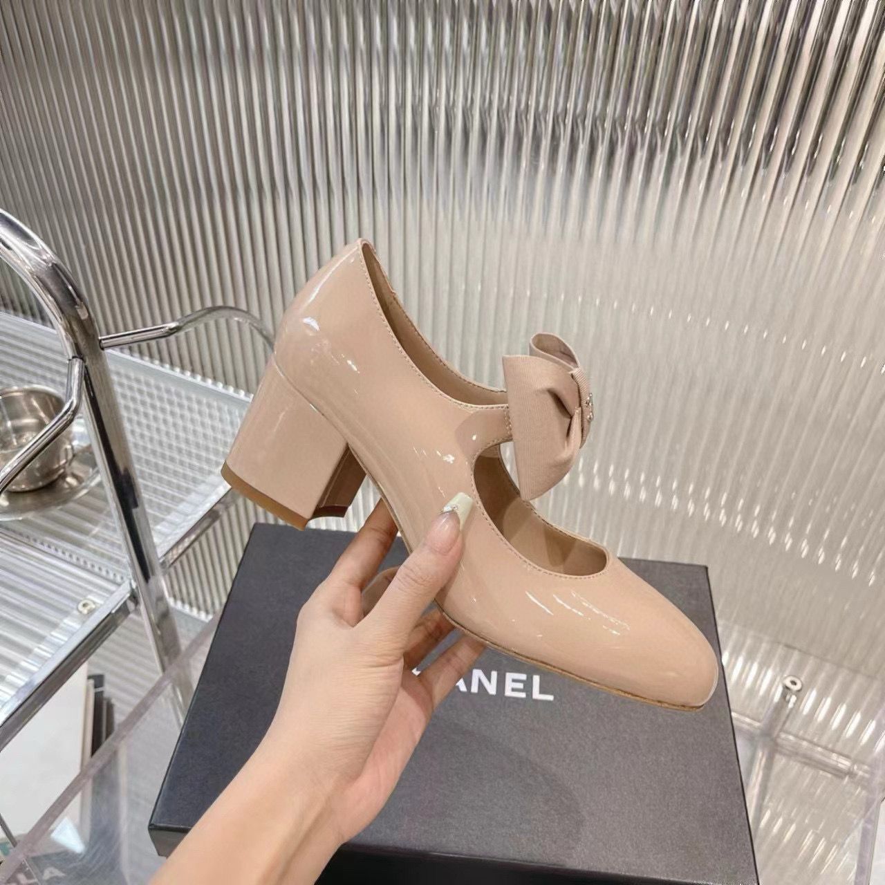 Chanel 24C Bow Mary Jane Shoes Original Patent Calf Leather 55MM Heels C85923 Nude Chanel 24C Bow Mary Jane Shoes Original Patent Calf Leather 55MM Heels C85923 Nude