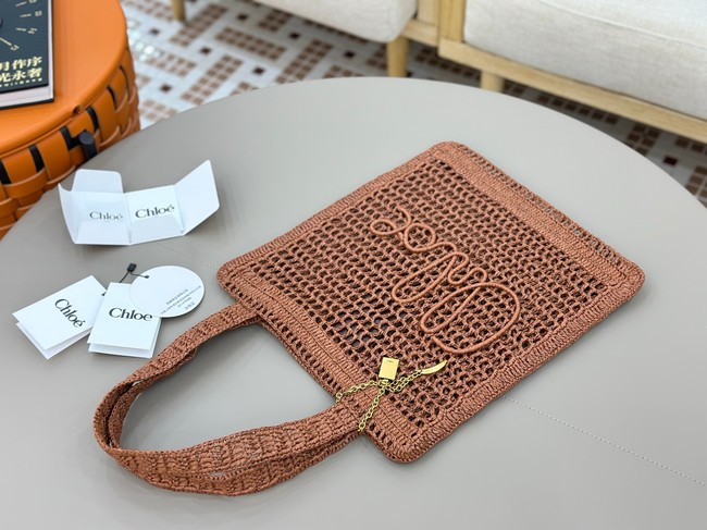 Chloe SUMMER straw and leather tote bag 0824P brown