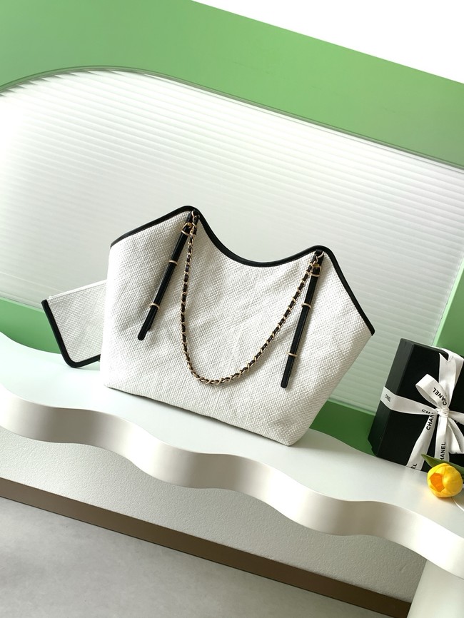 CHANEL Maxi Shopping Bag Braided Raffia AS5463 white