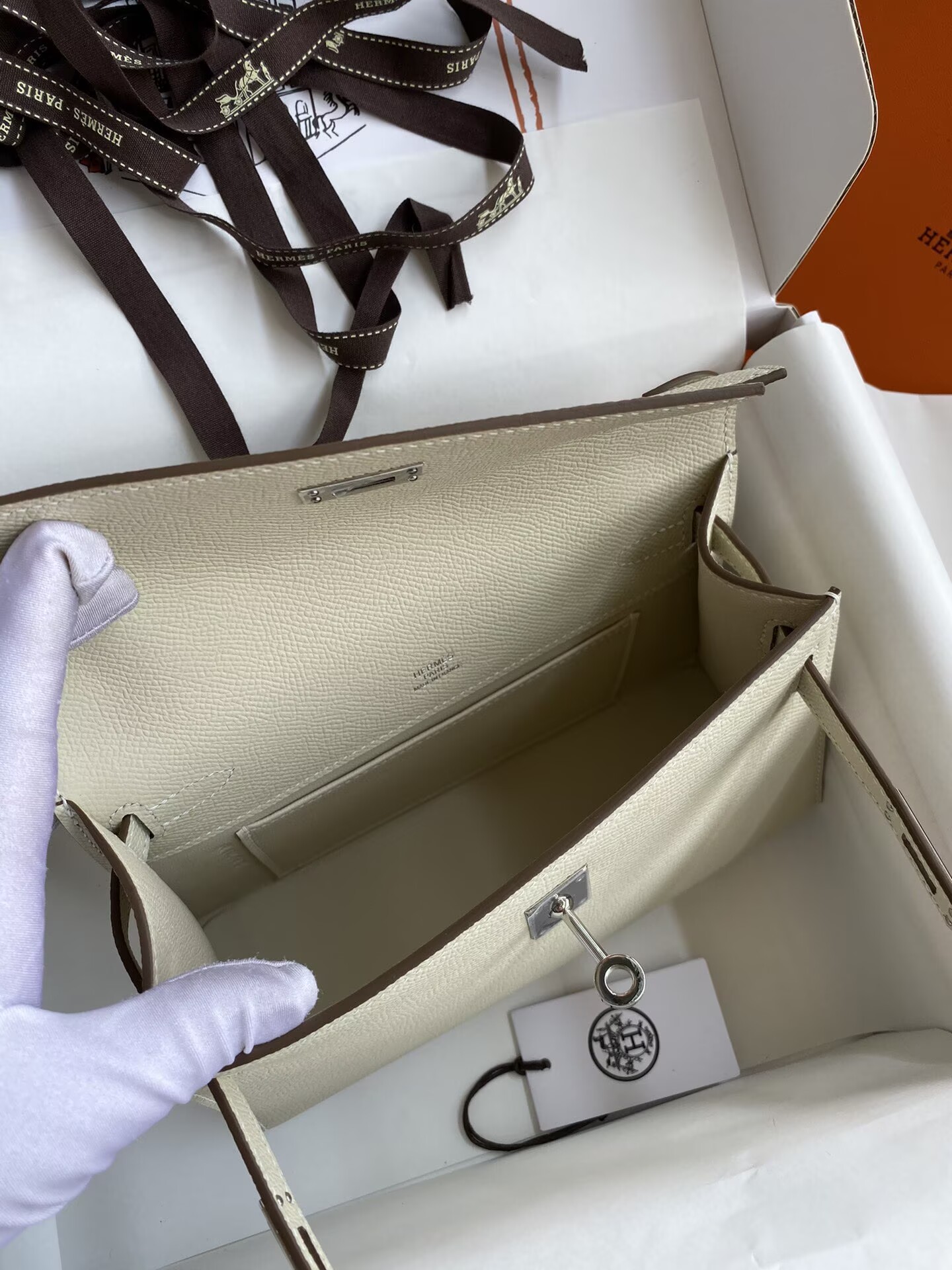 Hermes Kelly 22CM Tote Bag Original Epsom Leather KL22 Off-White Silver-Tone