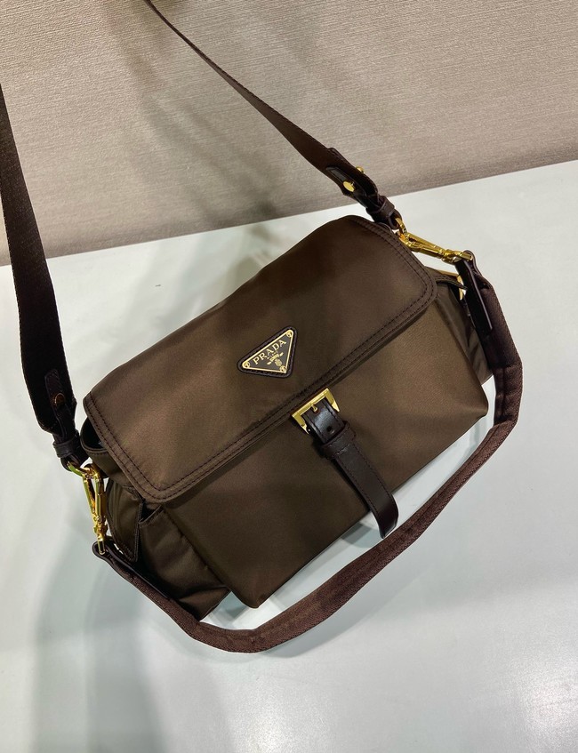 Prada Route medium leather tote bag Re-Nylon 1BD394 dark brown