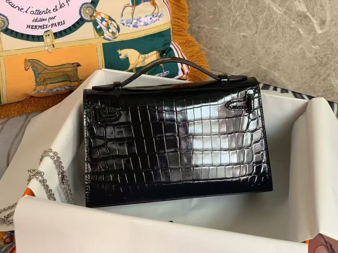 Hermes MINI Kelly 22cm Clutch Original Croco Leather KL22 Black