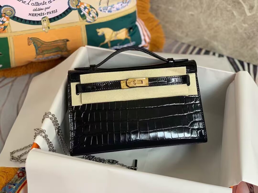Hermes MINI Kelly 22cm Clutch Original Croco Leather KL22 Black