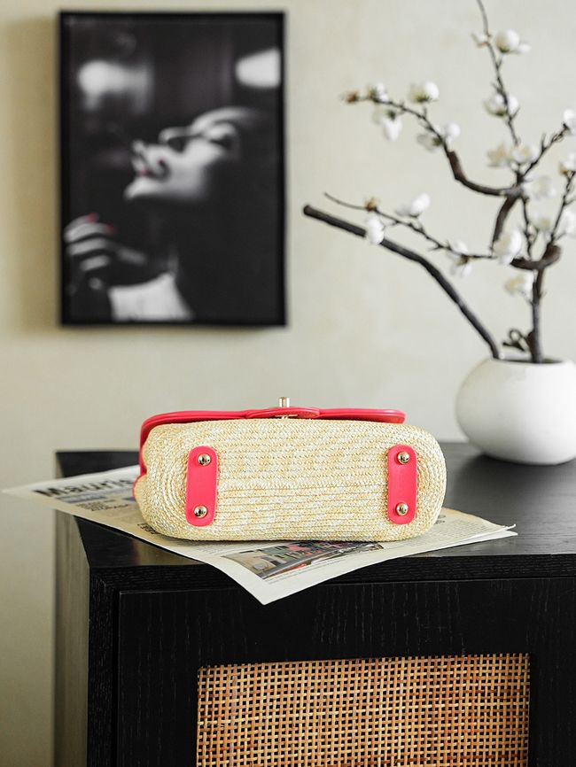 CHANEL Small Flapbag Braided Straw AS6017 red