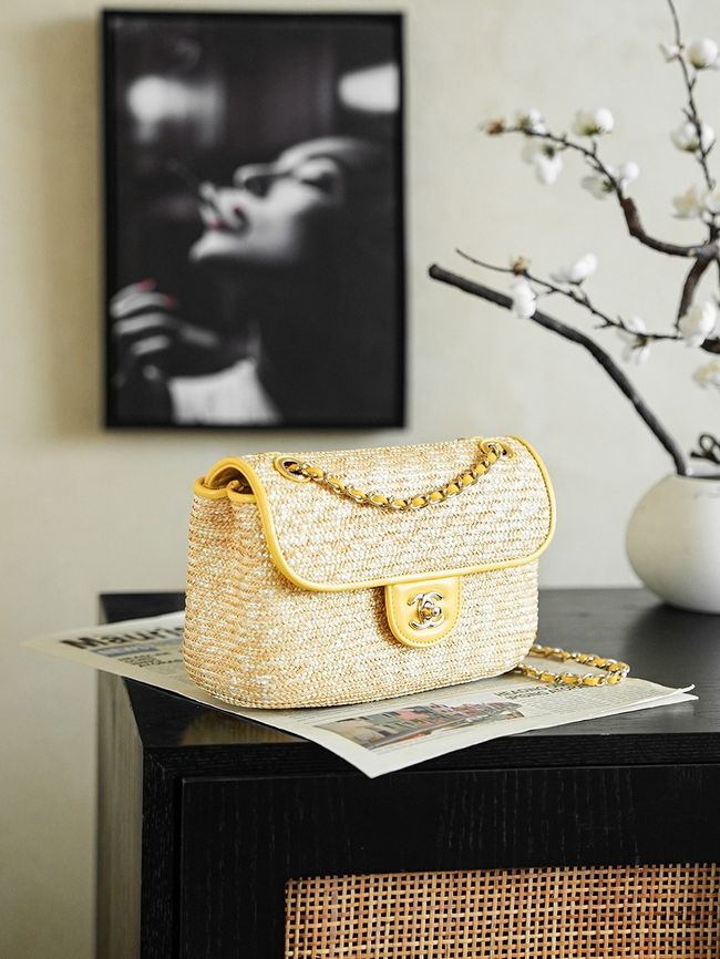 CHANEL Small Flapbag Braided Straw AS6017 yellow