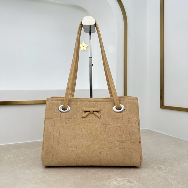 Small Dior Promenade Shopping Bag Apricot Flat Cannage Suede Calfskin M1410O