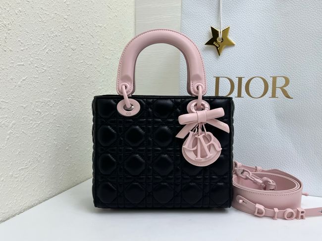 Small Lady Dior Bag with Strap Cannage Lambskin M0531OU black&pink