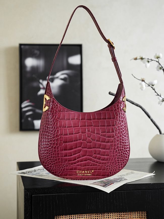 Chanel Crocodile Embossed Shoulder Bag 68012 burgundy Chanel Crocodile Embossed Shoulder Bag 68012 burgundy