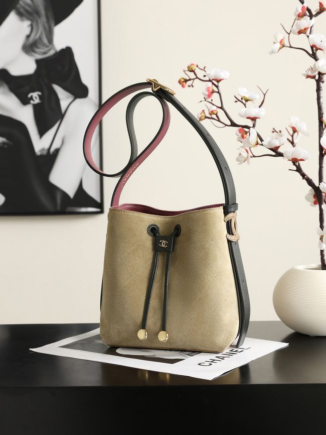 Chanel Suede Calfskin Bucket Bag AS6537 dark Beige