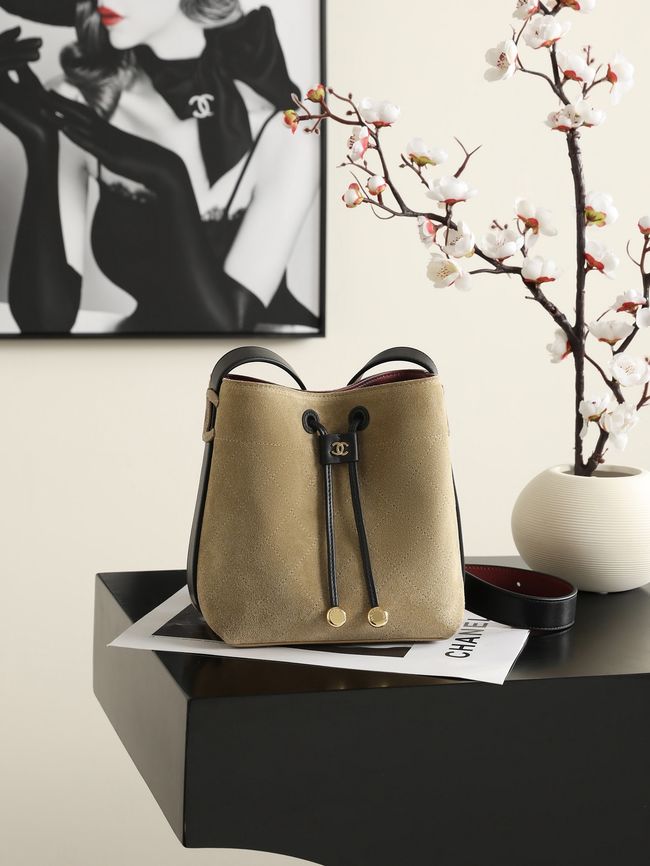 Chanel Suede Calfskin Bucket Bag AS6537 dark Beige