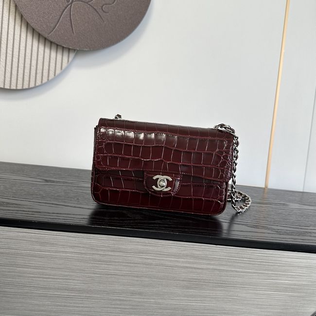 Chanel MINI FLAP BAG Crocodile Embossed 1116 Dark Burgundy&silver