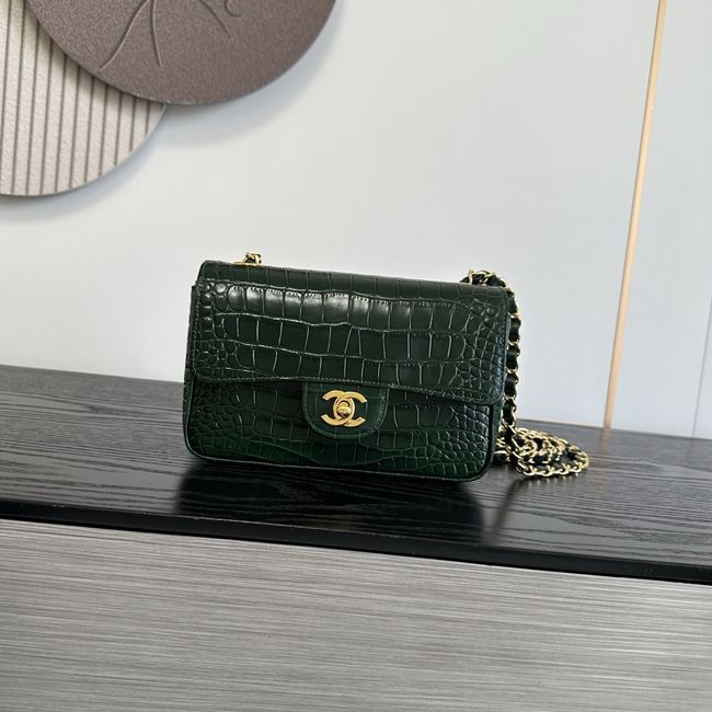 Chanel MINI FLAP BAG Crocodile Embossed 1116 Dark green&gold