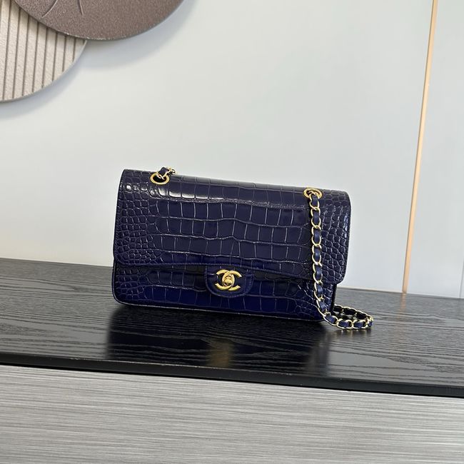 Chanel Small Flap Bag Crocodile Embossed 1112 dark blue&gold